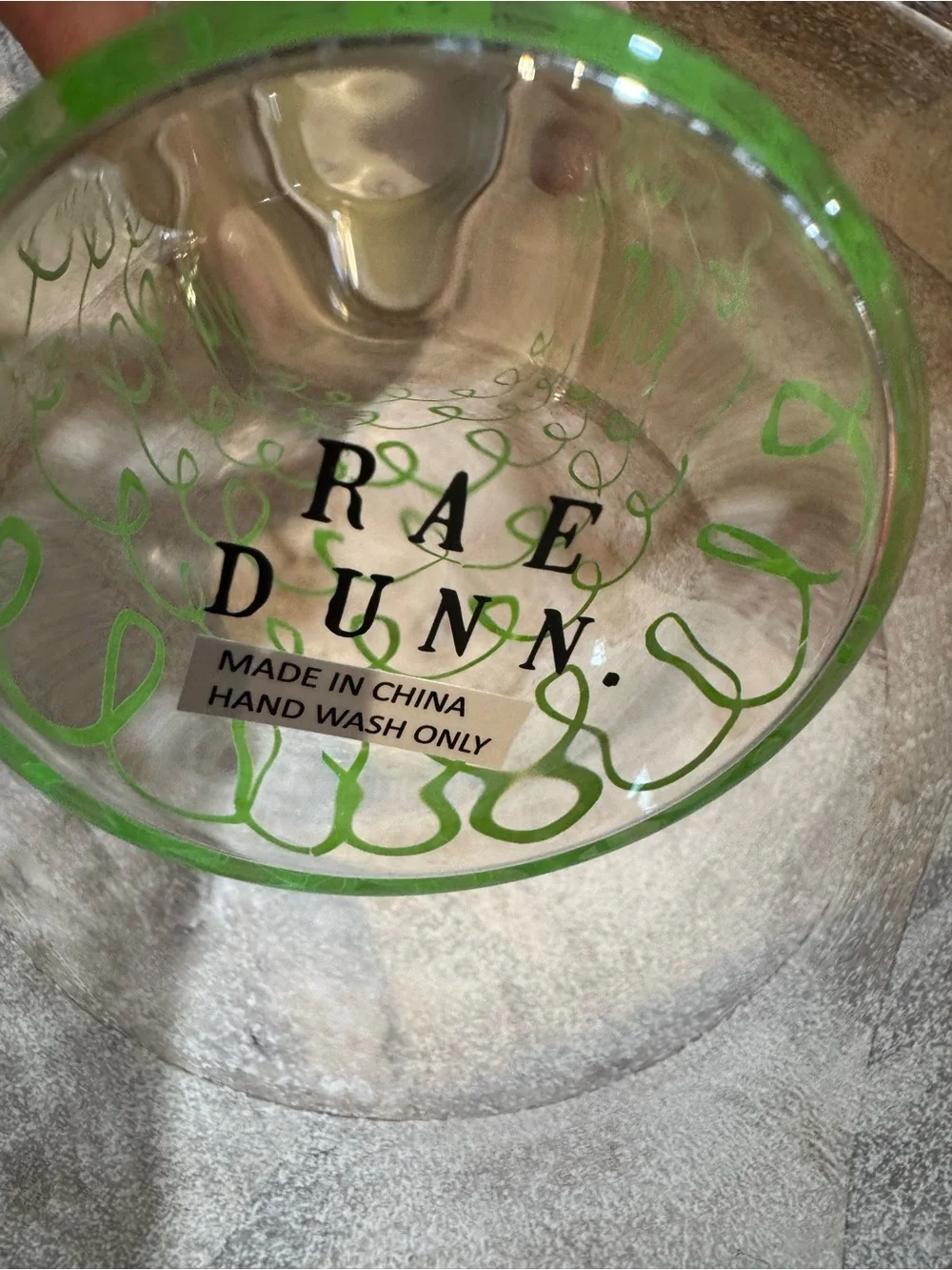 Rae Dunn Clear Glass Bottle with Green Script Detail and Bamboo Lid